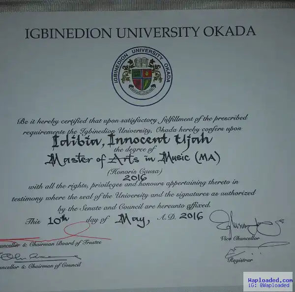 2Face expresses gratitude for his Masters of Arts degree by Igbinedion University